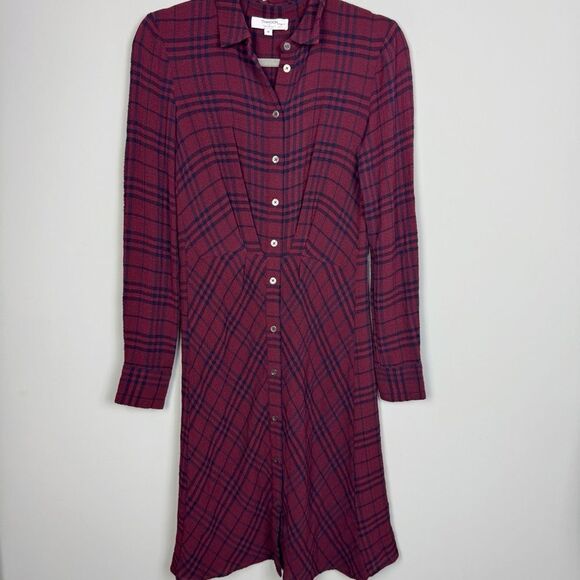 THAKOON COLLECTIVE | Plaid Burgundy & Navy Blue Crepe Shirt Dress Women’s Size 0 - Picture 6 of 14